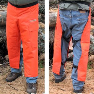 A man's pants wrapped with Orange Safety Chap.