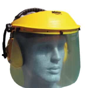 A head mannequin modelling a head gear with a clear shield.