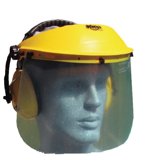 A head mannequin modelling a head gear with a clear shield.