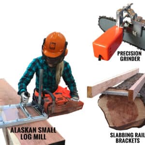 An Alaskan small log mill, a precision grinder, and slabbing rail brackets are displayed on a white background.