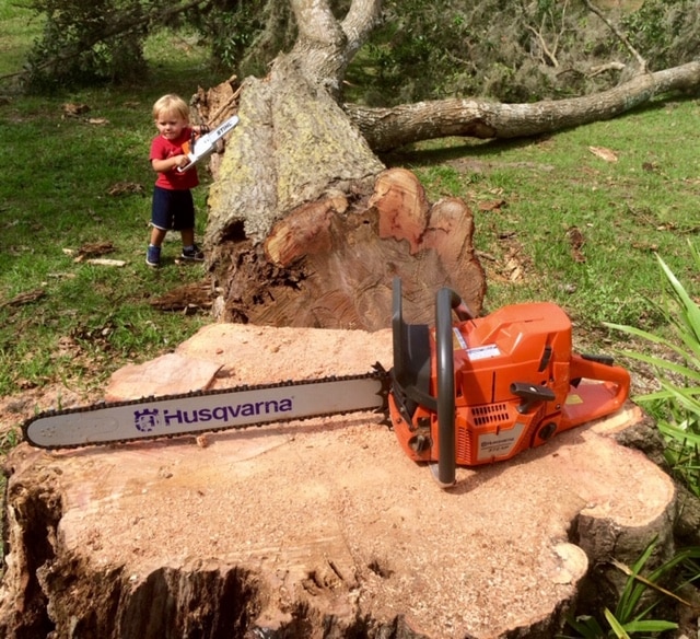 A Power Saw sitting on a tree stump.