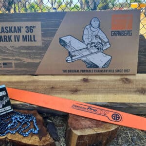A 36" Alaskan small log mill, a Chainsaw Bar, and a Ripping Chain are displayed on the logs.