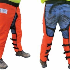 Orange Safety Chap (Long) wraps around a man's both legs.