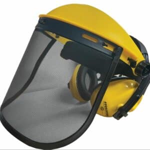 A yellow Head Gear w/ Clear Shield and Muffs on a white background.