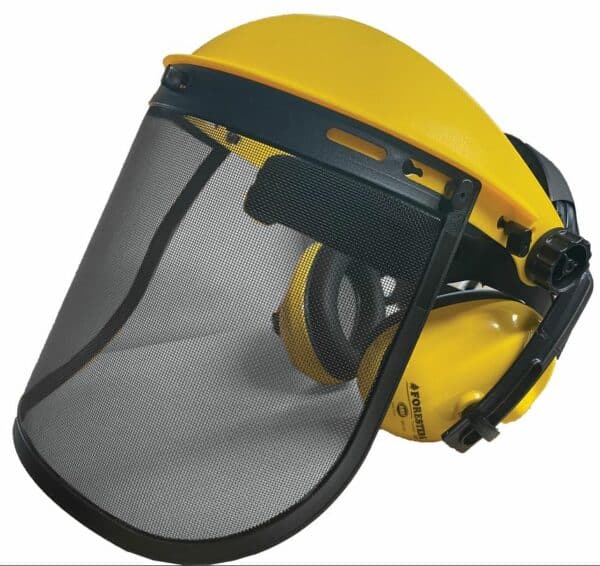 A yellow Head Gear w/ Clear Shield and Muffs on a white background.